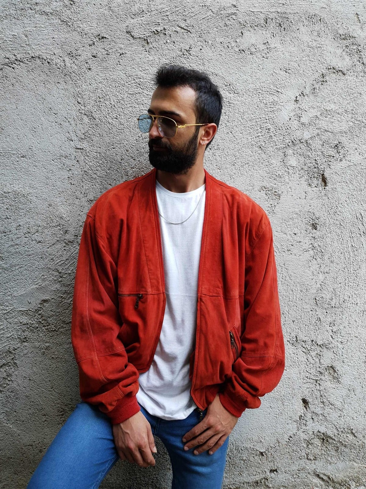 Vintage Kiremit Süet Deri Bomber Mont