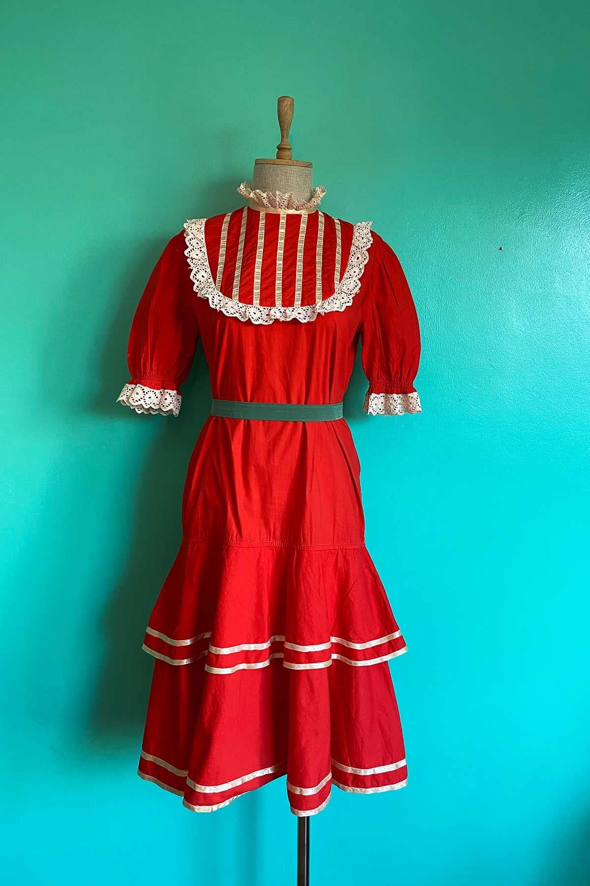 Vintage Kırmızı Cotton Elbise