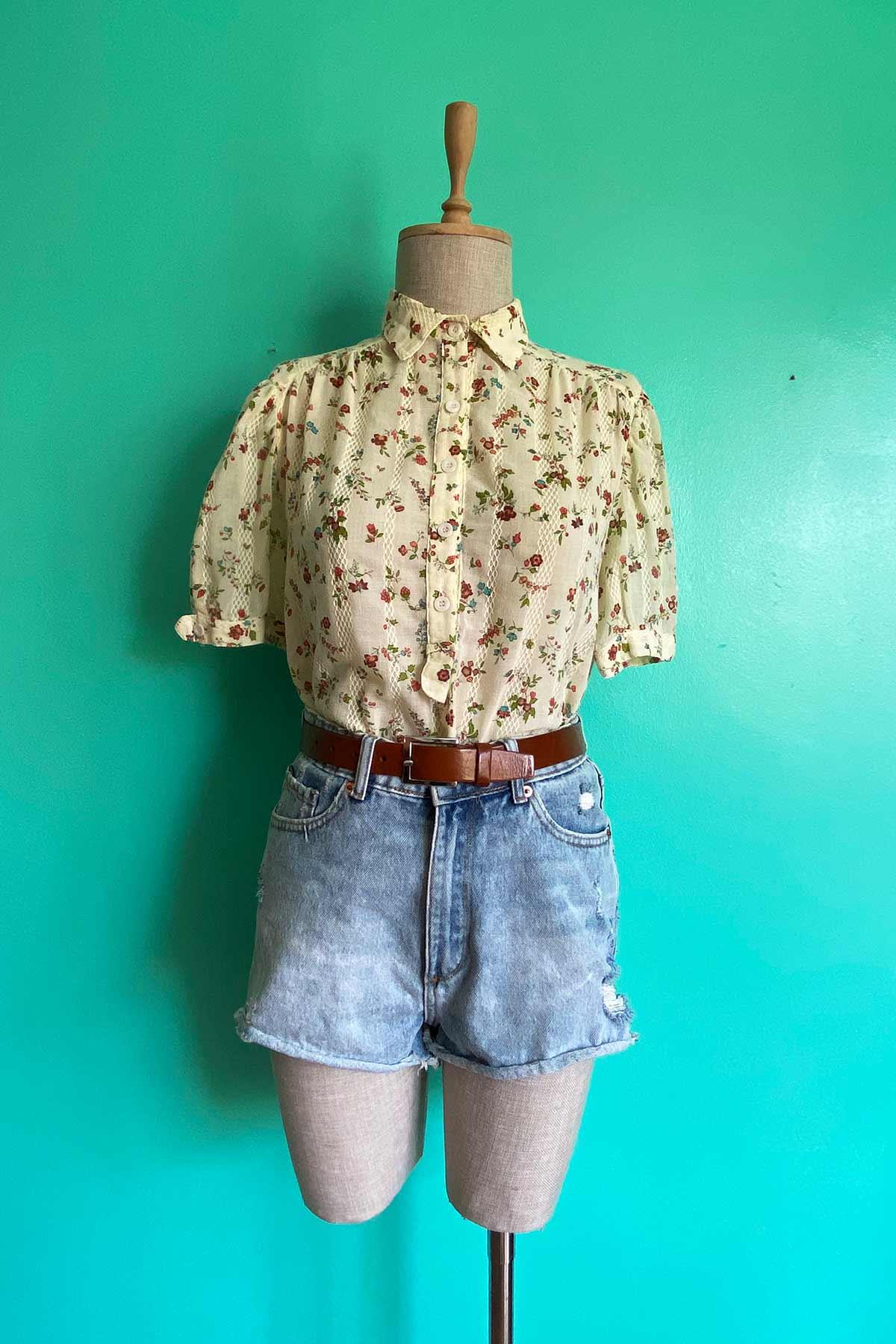 Vintage Kısa Kol Çiçekli Pamuk Gömlek
