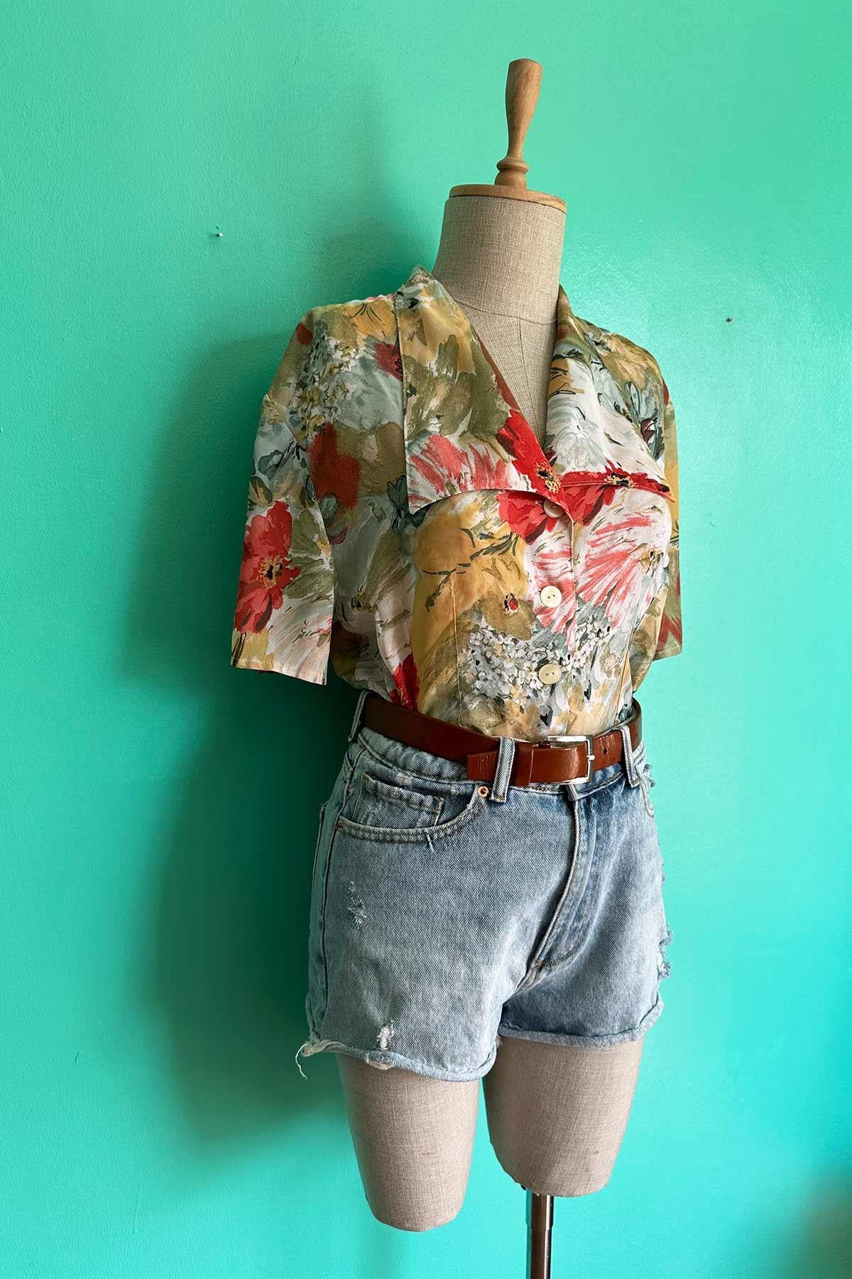Vintage Kısa Kol Çiçekli Transparan Gömlek