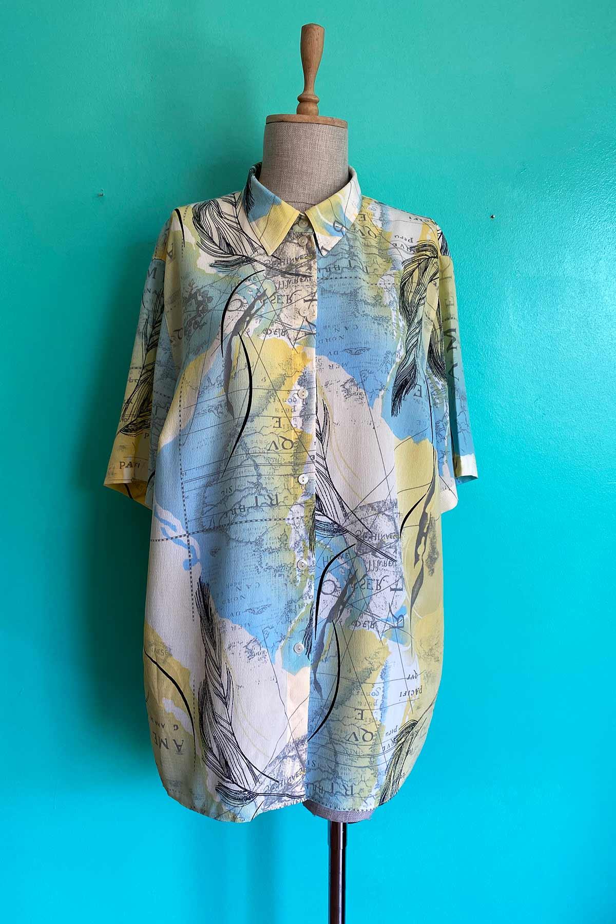 Vintage Kısa Kol Desenli Oversize Gömlek