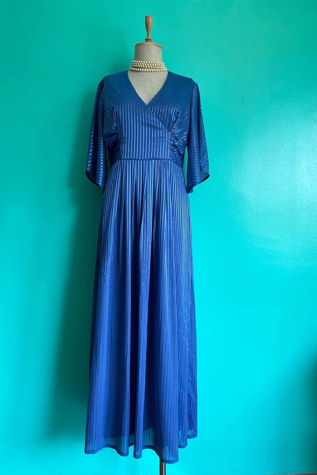 Vintage Kısa Kol Mavi Uzun Elbise