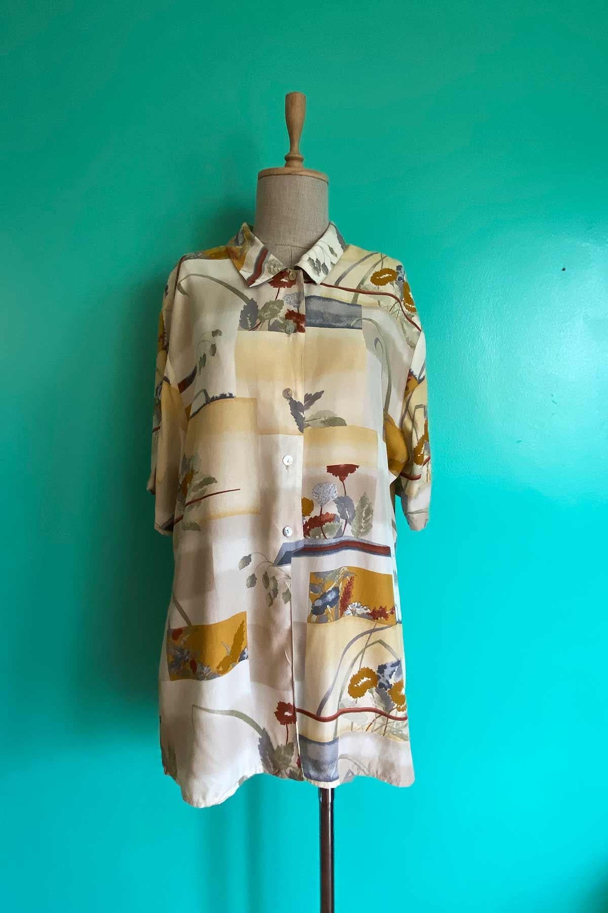 Vintage Kısa Kol Oversize Desenli Gömlek