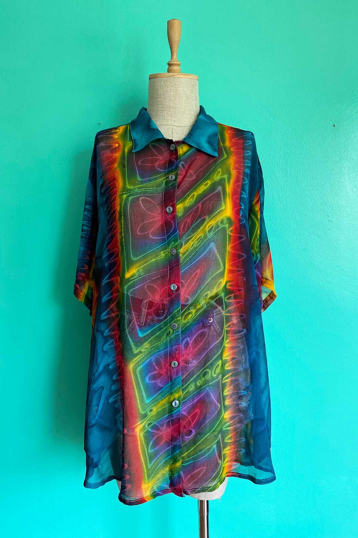 Vintage Kısa Kol Renkli Transparan Gömlek