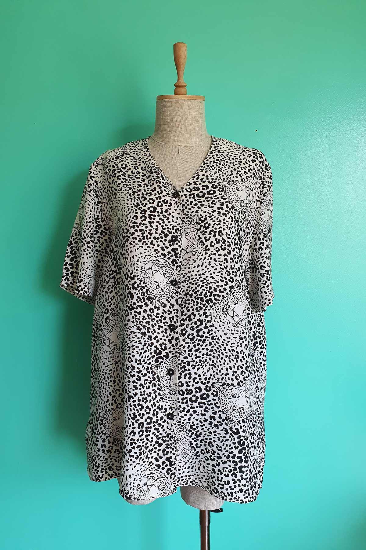 Vintage Leopar Figürlü Viskon Gömlek