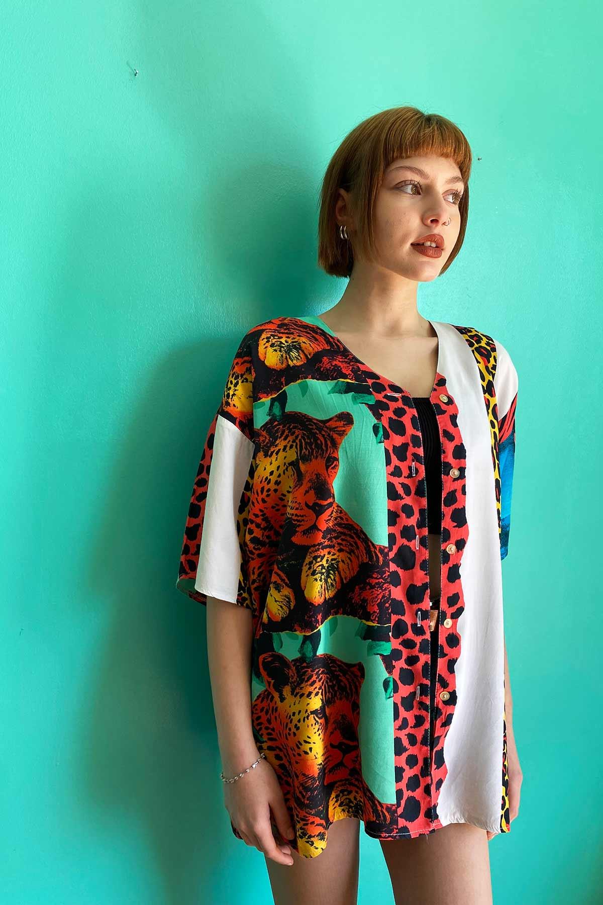 Vintage Leopar Figürlü Viskon Gömlek