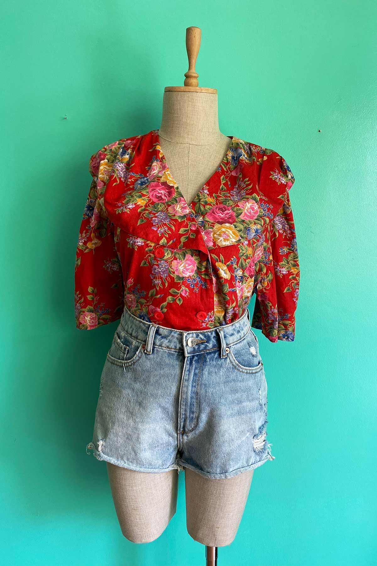 Vintage Maxi Yaka Çiçekli Pamuk Gömlek