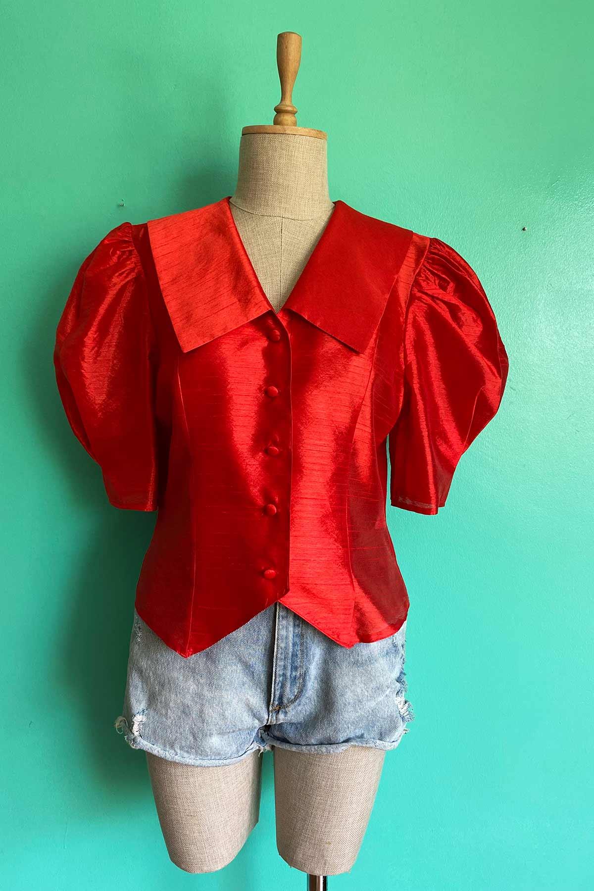 Vintage Maxi Yaka Parlak Kırmızı Gömlek