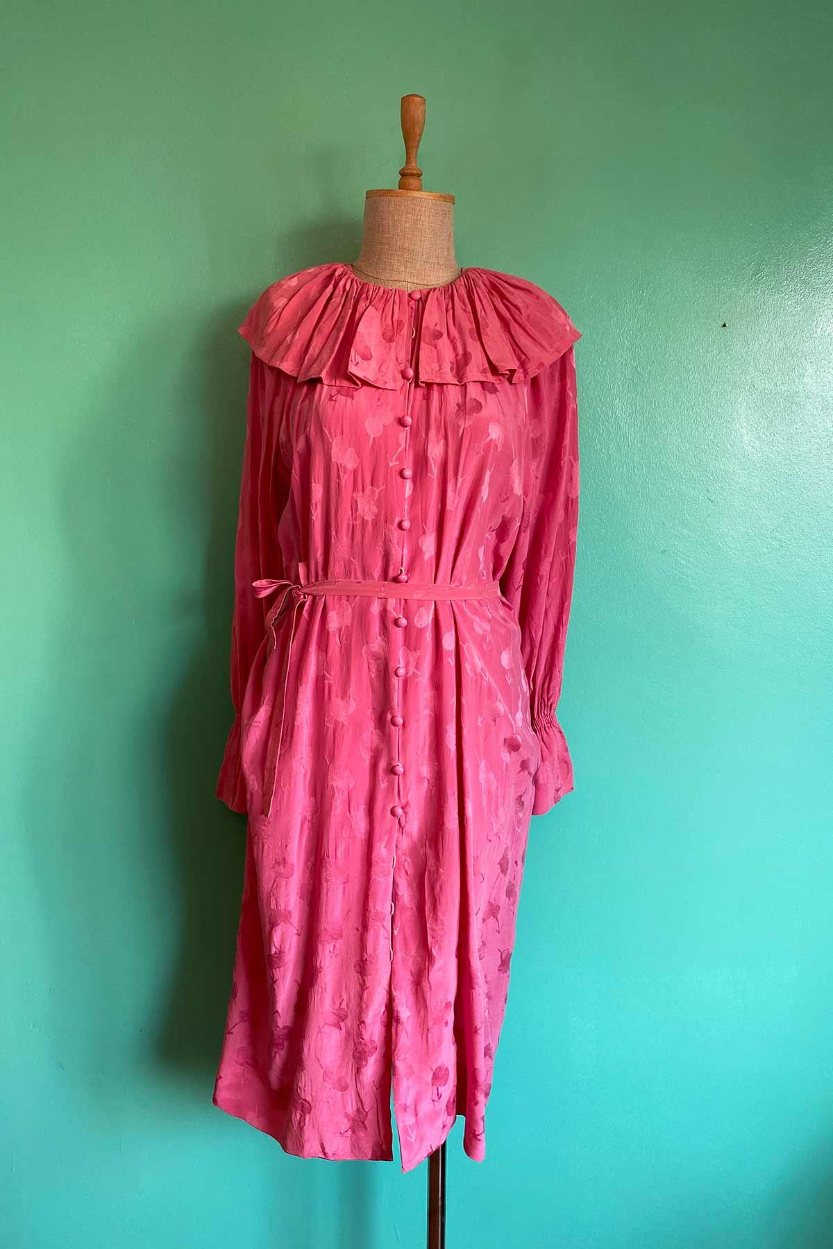 Vintage Maxi Yaka Pembe İpek Elbise
