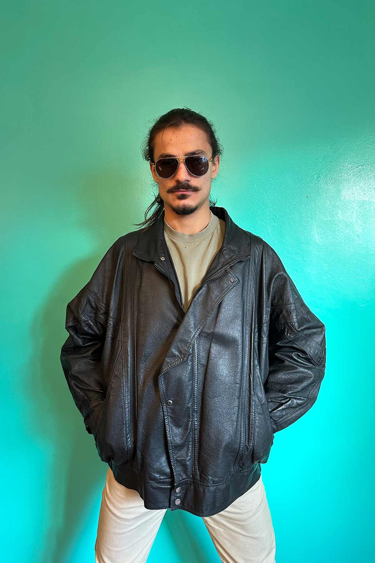 Vintage Oversize Bomber Siyah Deri Mont