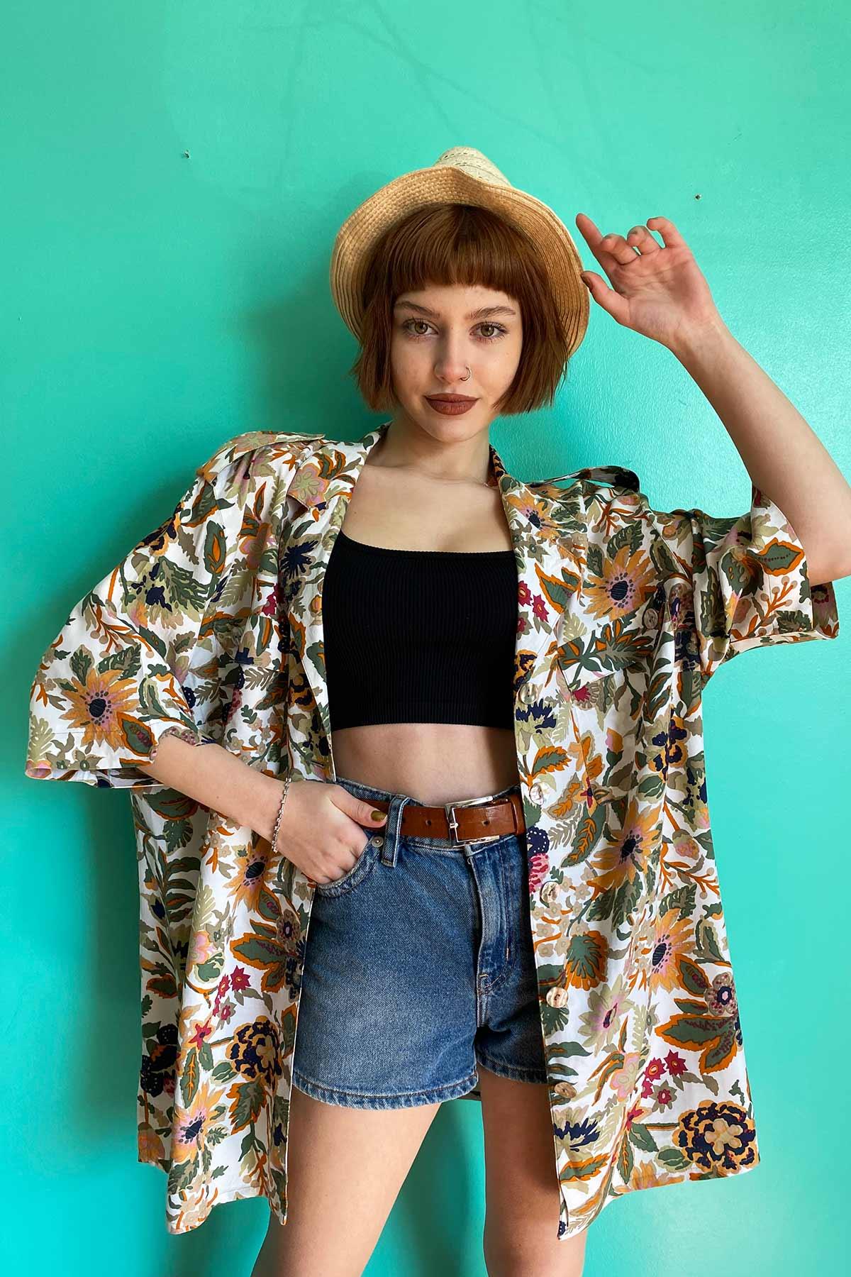 Vintage Oversize Çiçekli Cotton Gömlek