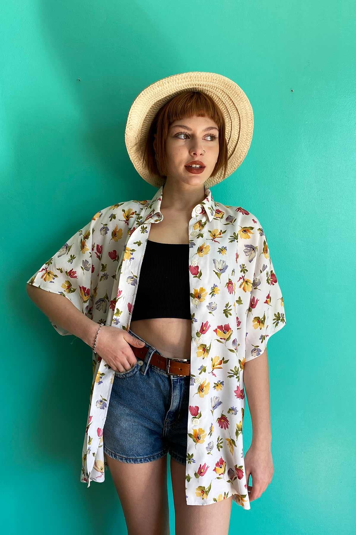 Vintage Oversize Çiçekli Viskon Gömlek
