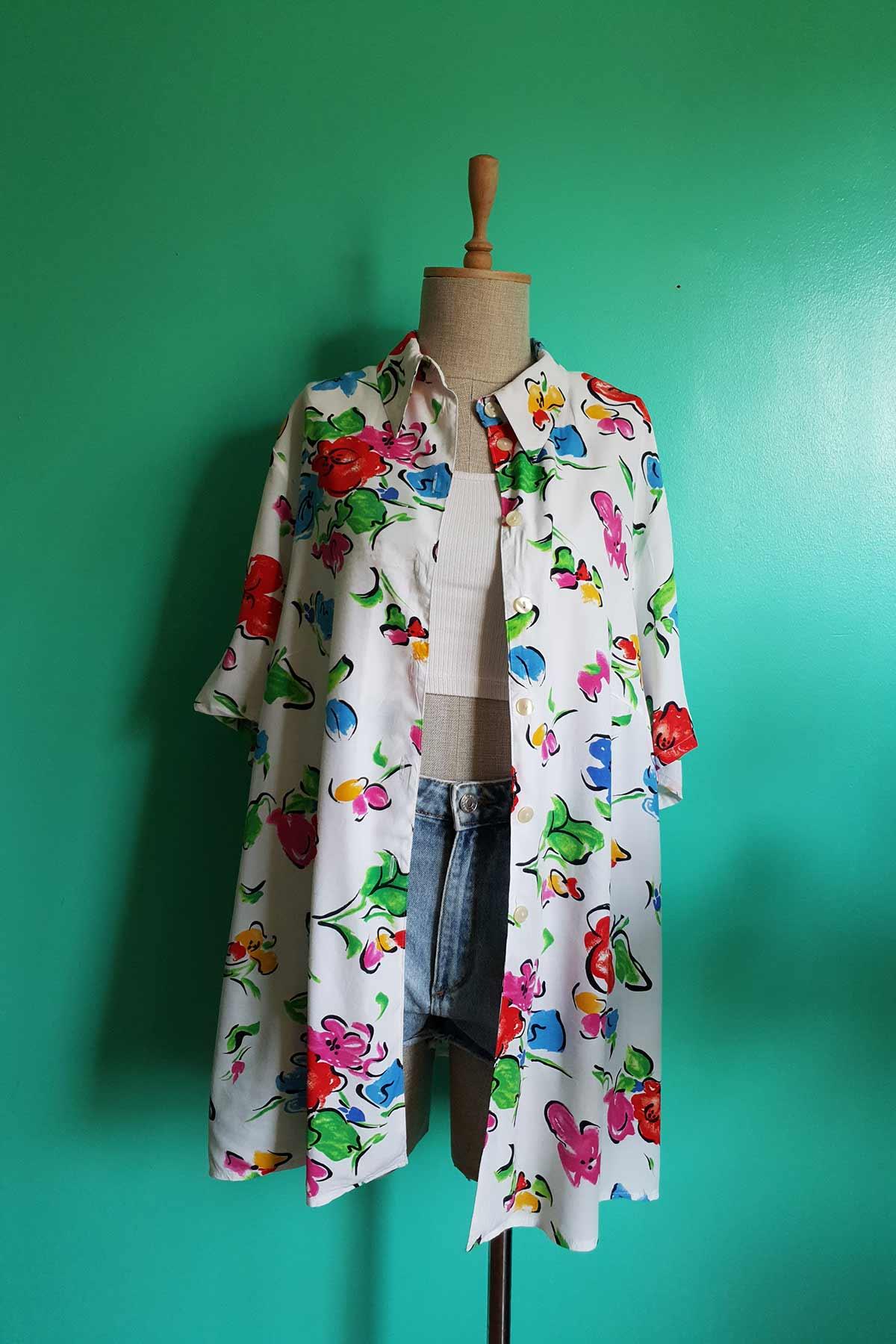 Vintage Oversize Çiçekli Viskon Gömlek