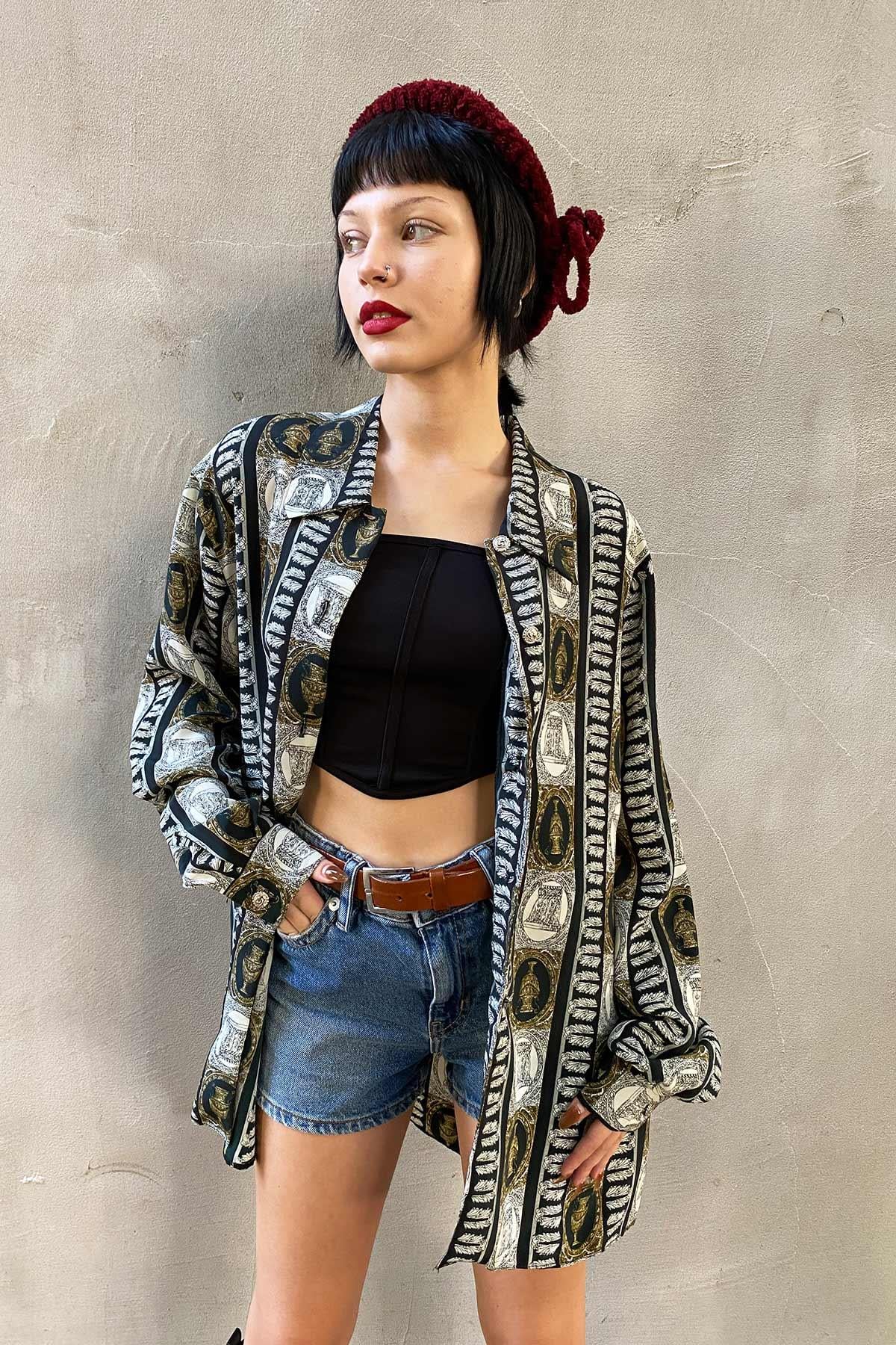 Vintage Oversize Desenli Gömlek