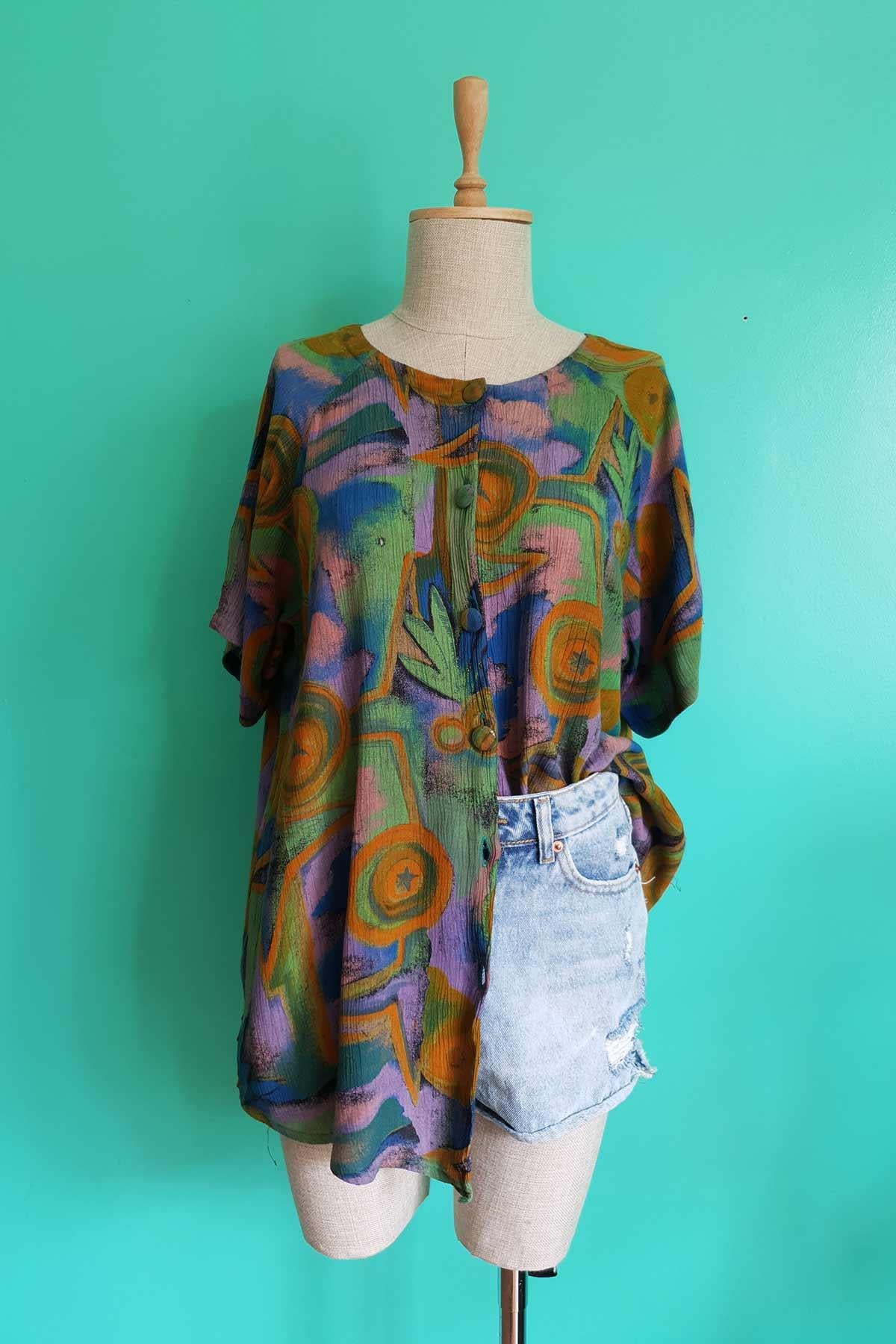 Vintage Oversize Desenli Gömlek