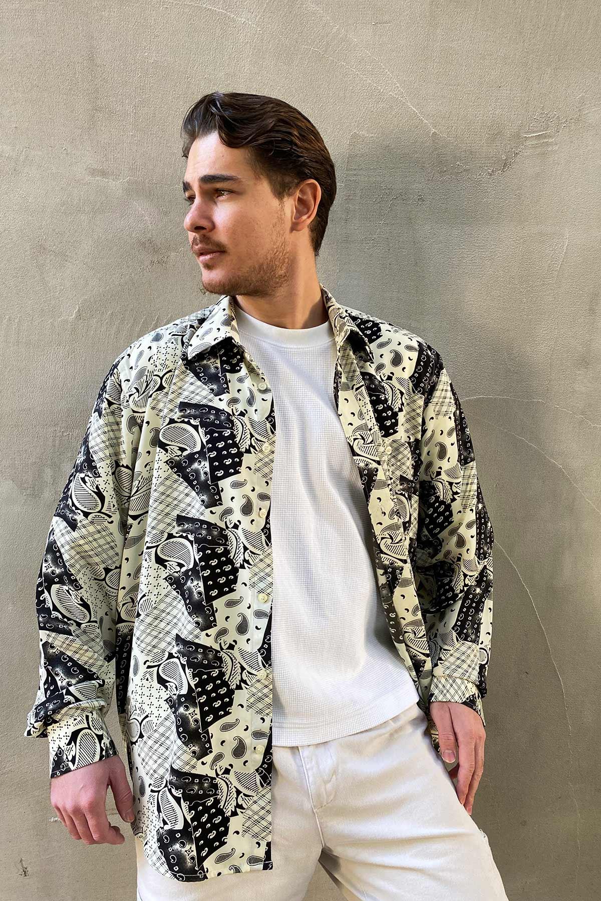 Vintage Oversize Desenli Gömlek