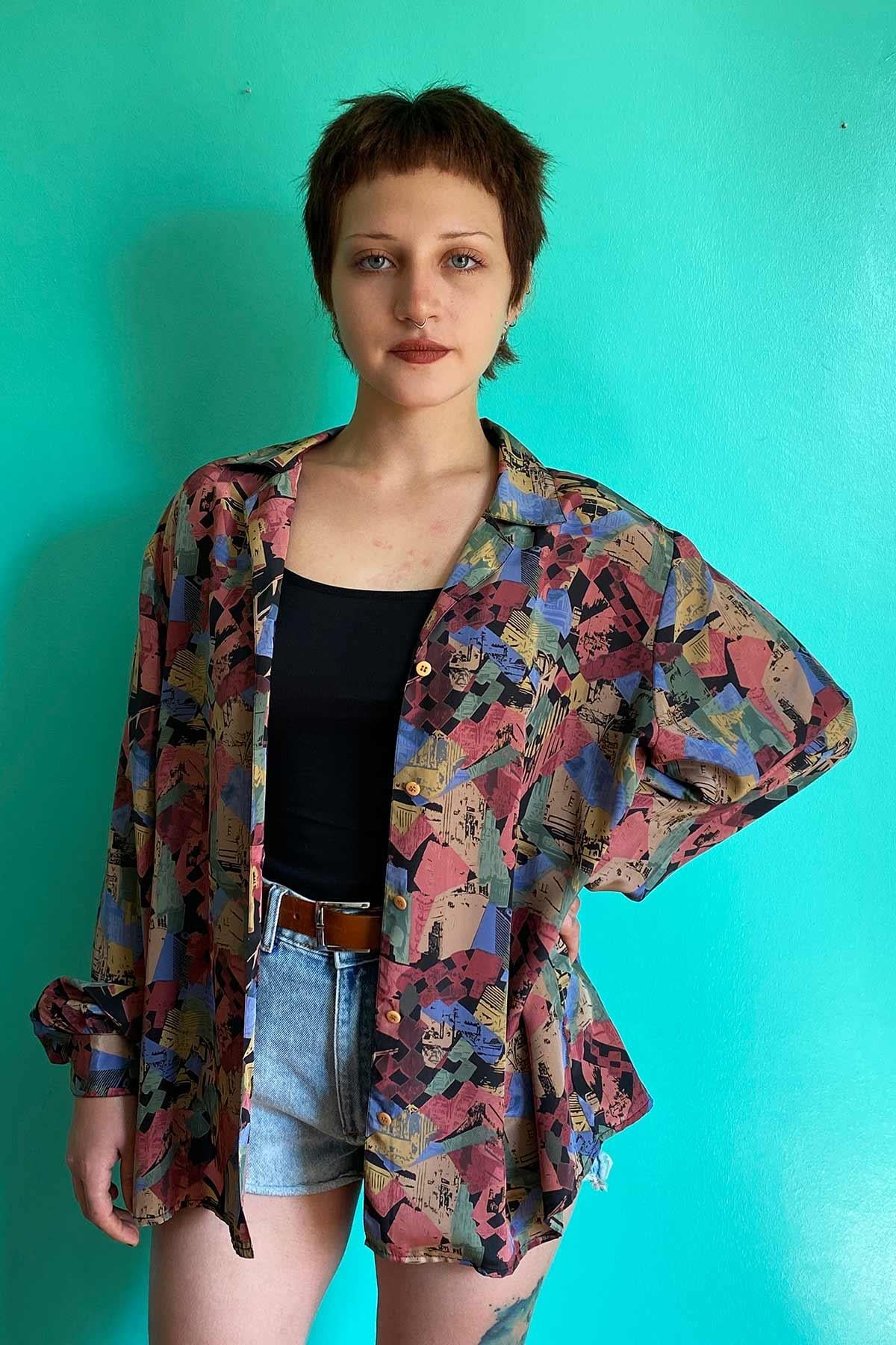 Vintage Oversize Desenli Gömlek