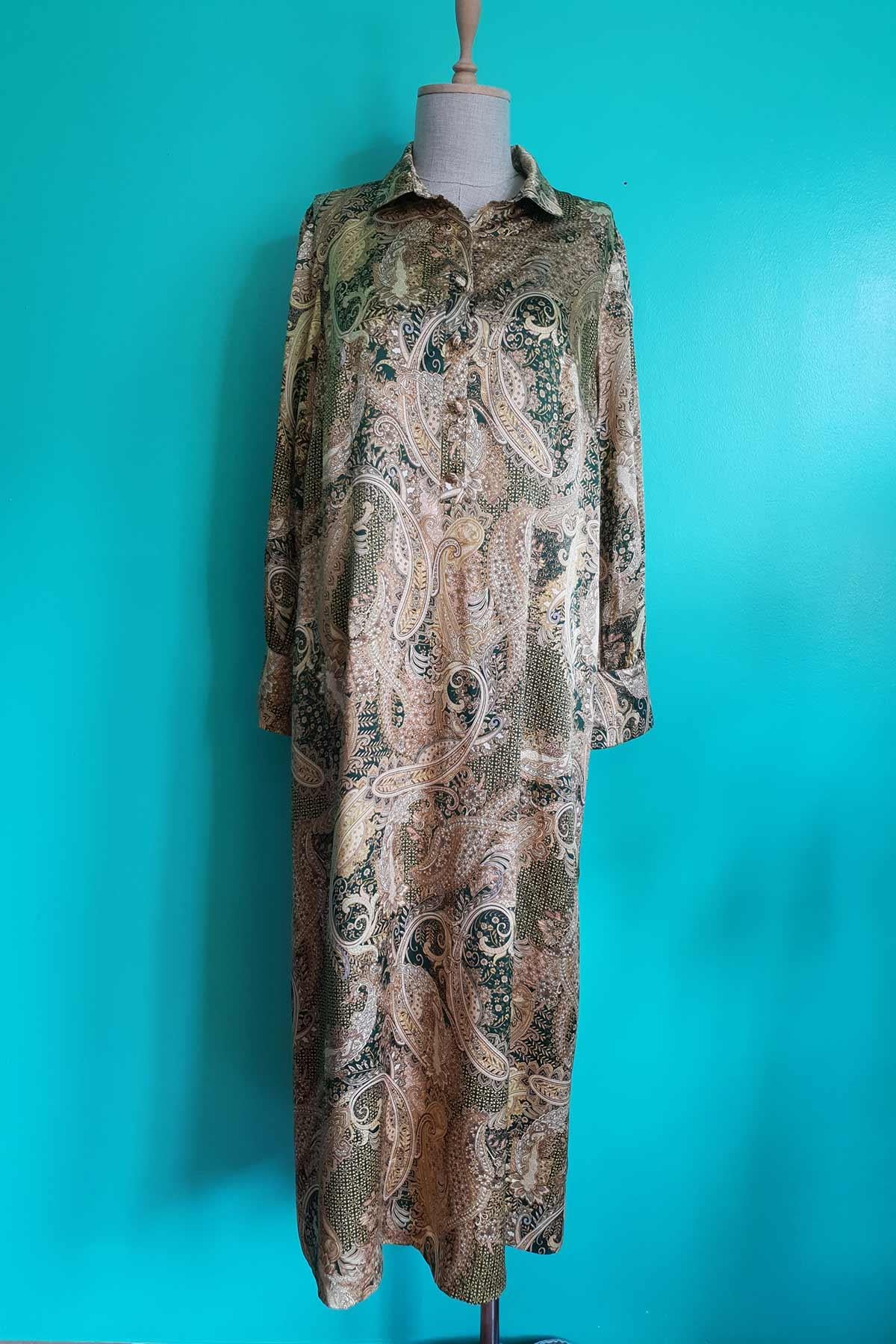 Vintage Oversize Desenli Uzun Elbise