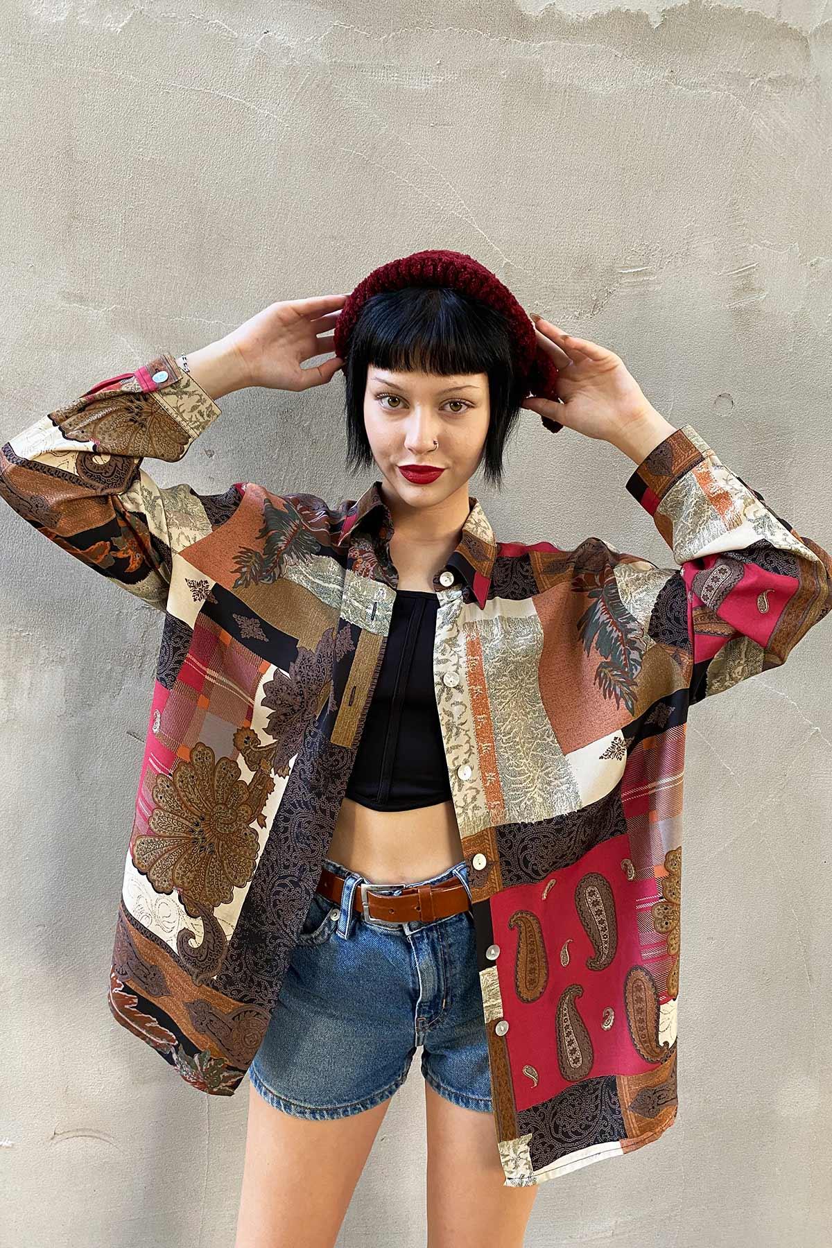 Vintage Oversize Desenli Viskon Gömlek