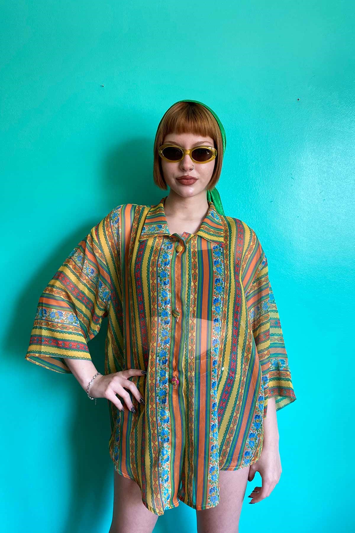 Vintage Oversize Renkli Çiçekli Gömlek