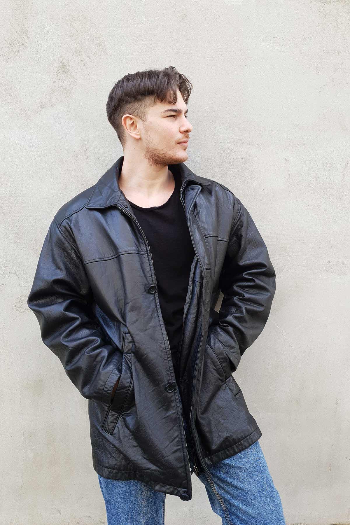 Vintage Oversize Siyah Deri Kaban