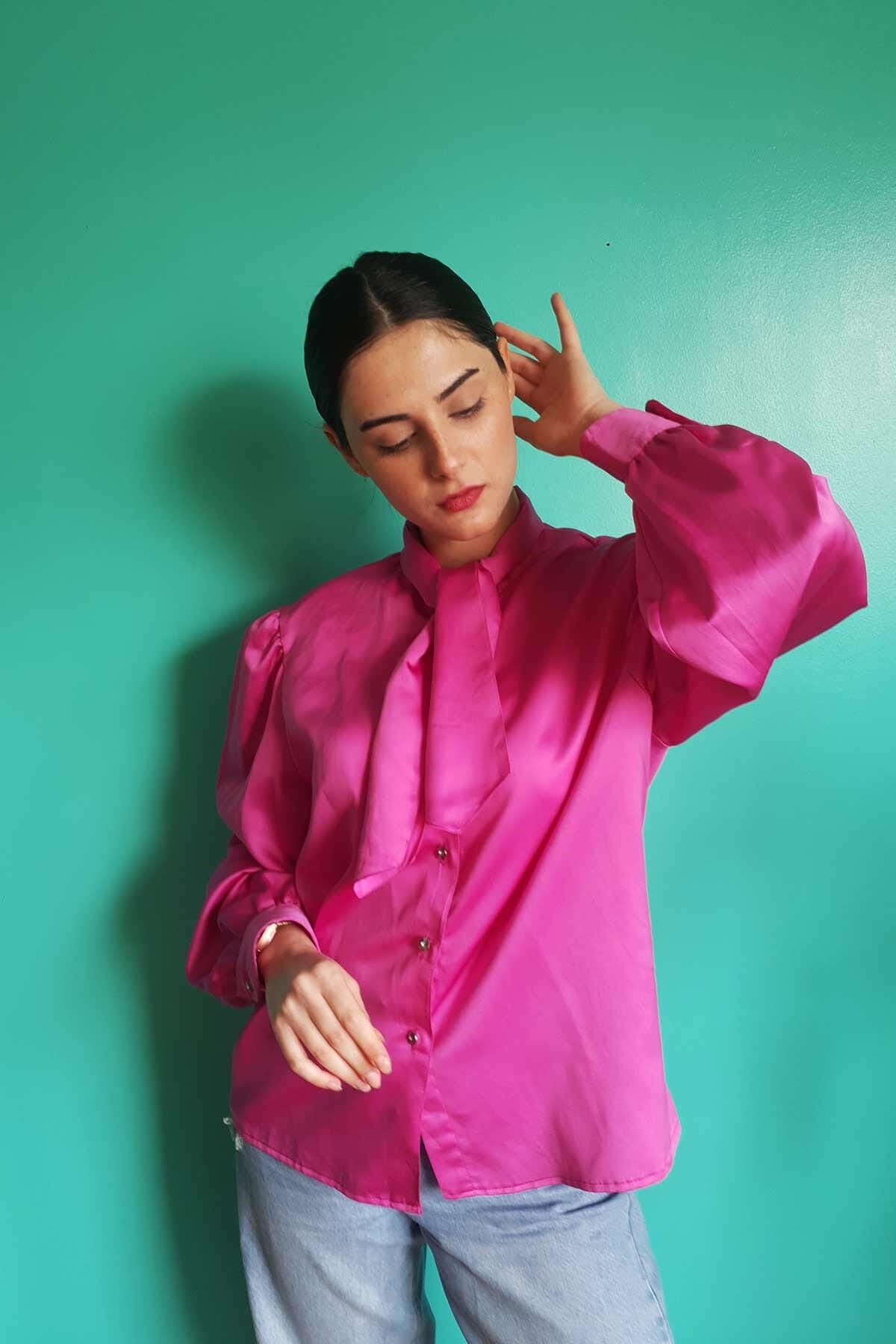 Vintage Parlak Pembe Gömlek