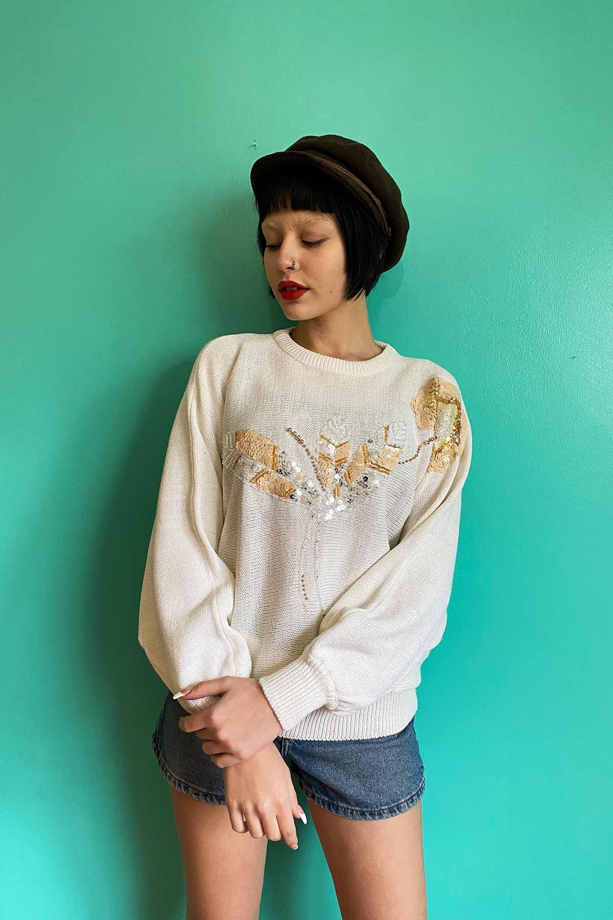 Vintage Payet İşlemeli Beyaz Kazak