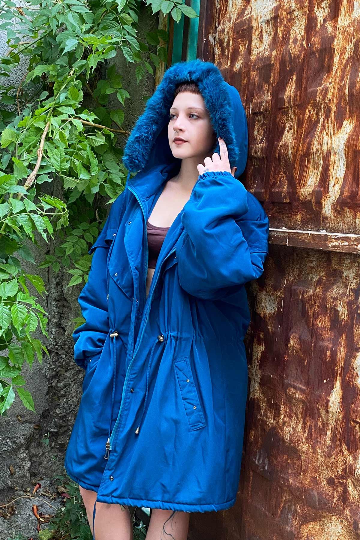 Vintage Pelüş Detay Kapüşonlu Oversize Mont
