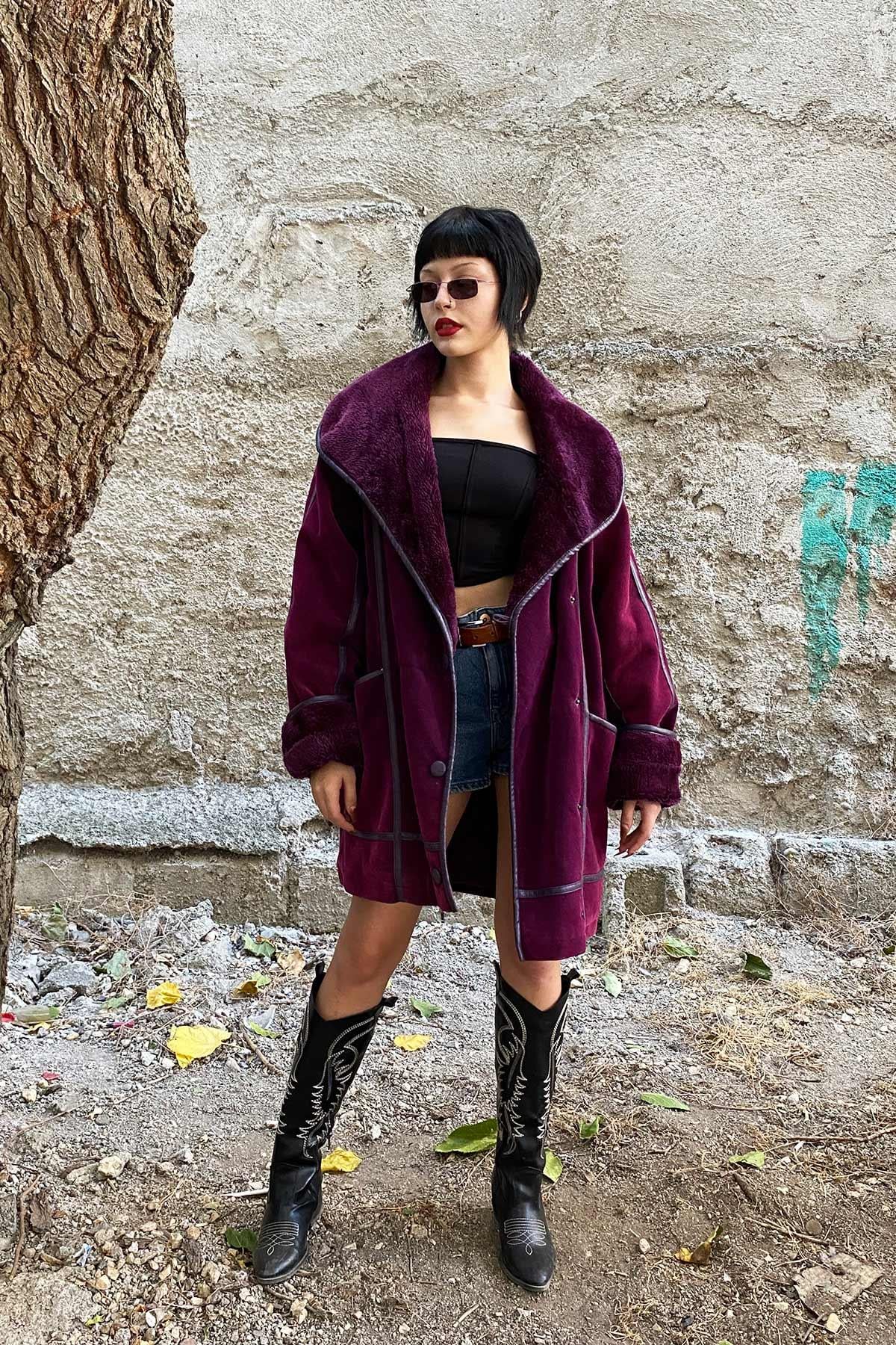 Vintage Peluş Maxi Yaka Süet Kaban