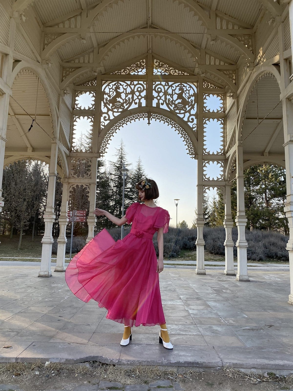 Vintage Pembe Şifon Elbise