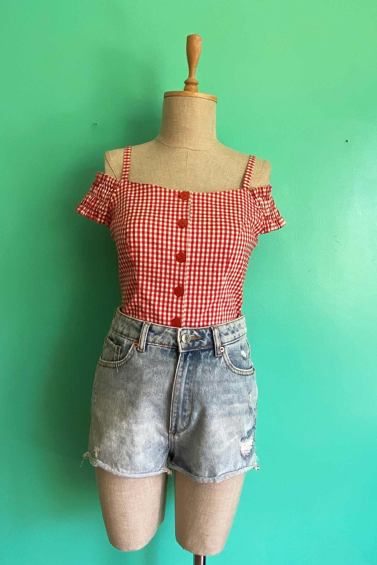 Vintage Pötikare Askılı Bluz