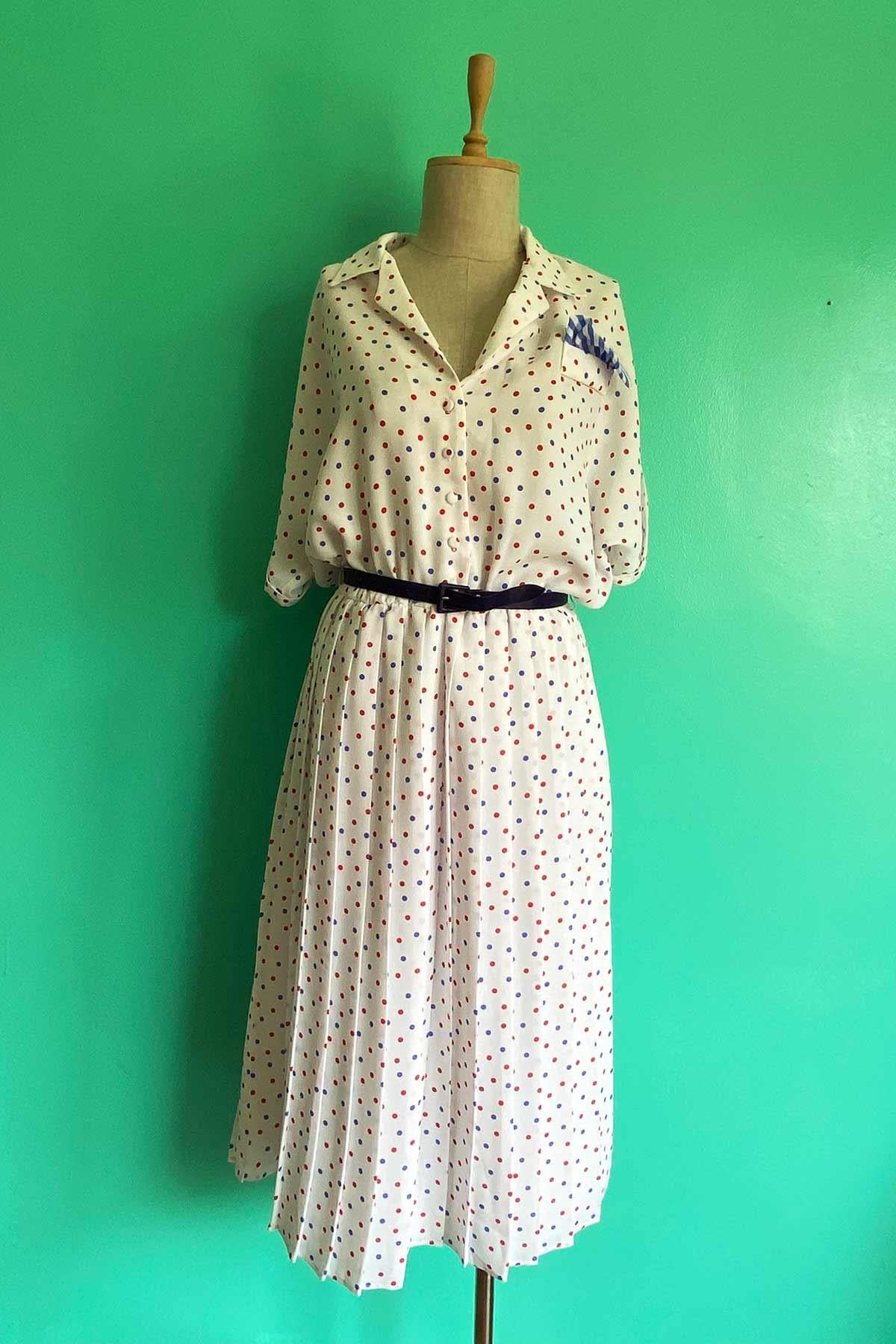 Vintage Puantiyeli Beyaz Elbise