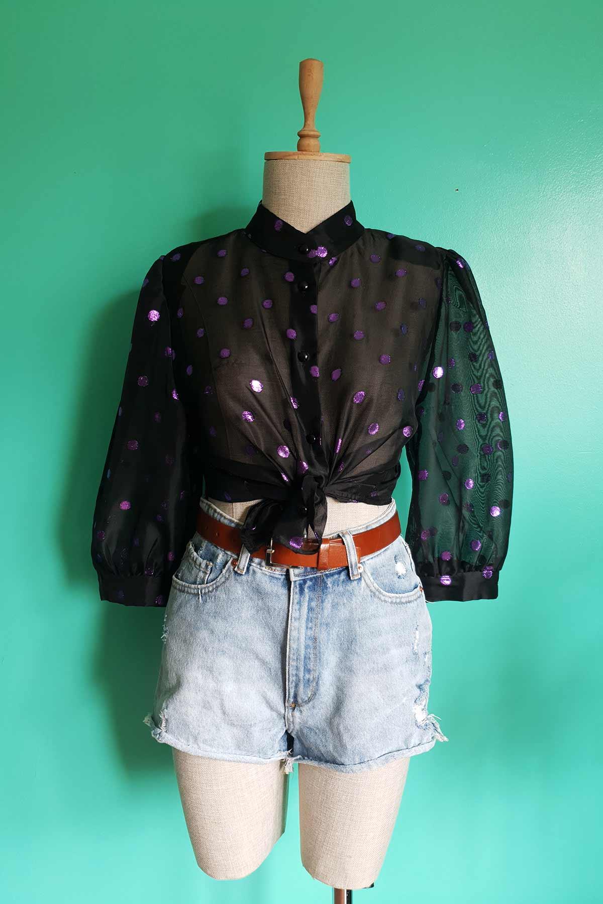 Vintage Puantiyeli Transparan Siyah Gömlek
