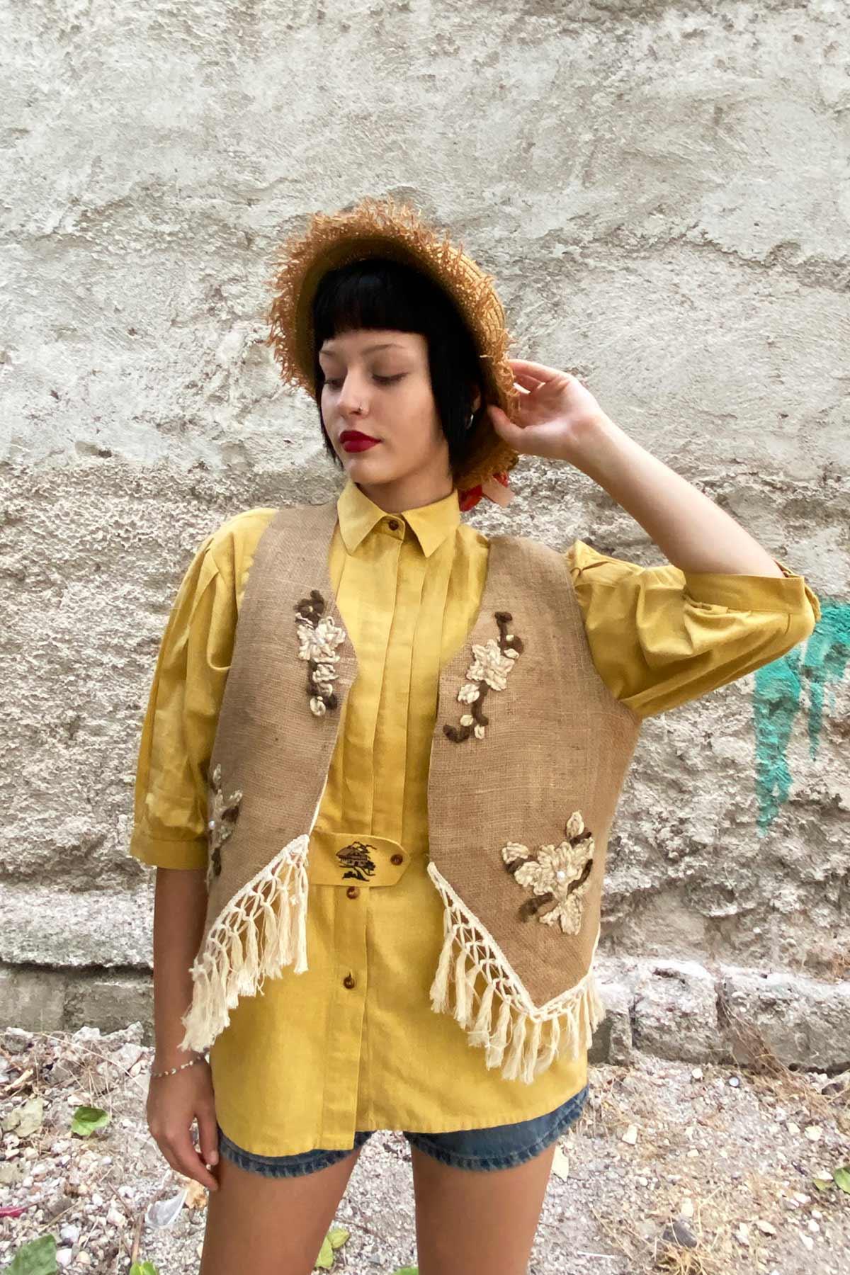 Vintage Püskül Detay Hasır Yelek