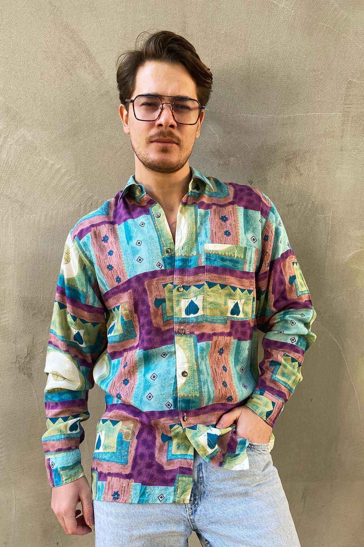 Vintage Renkli Viskon Gömlek