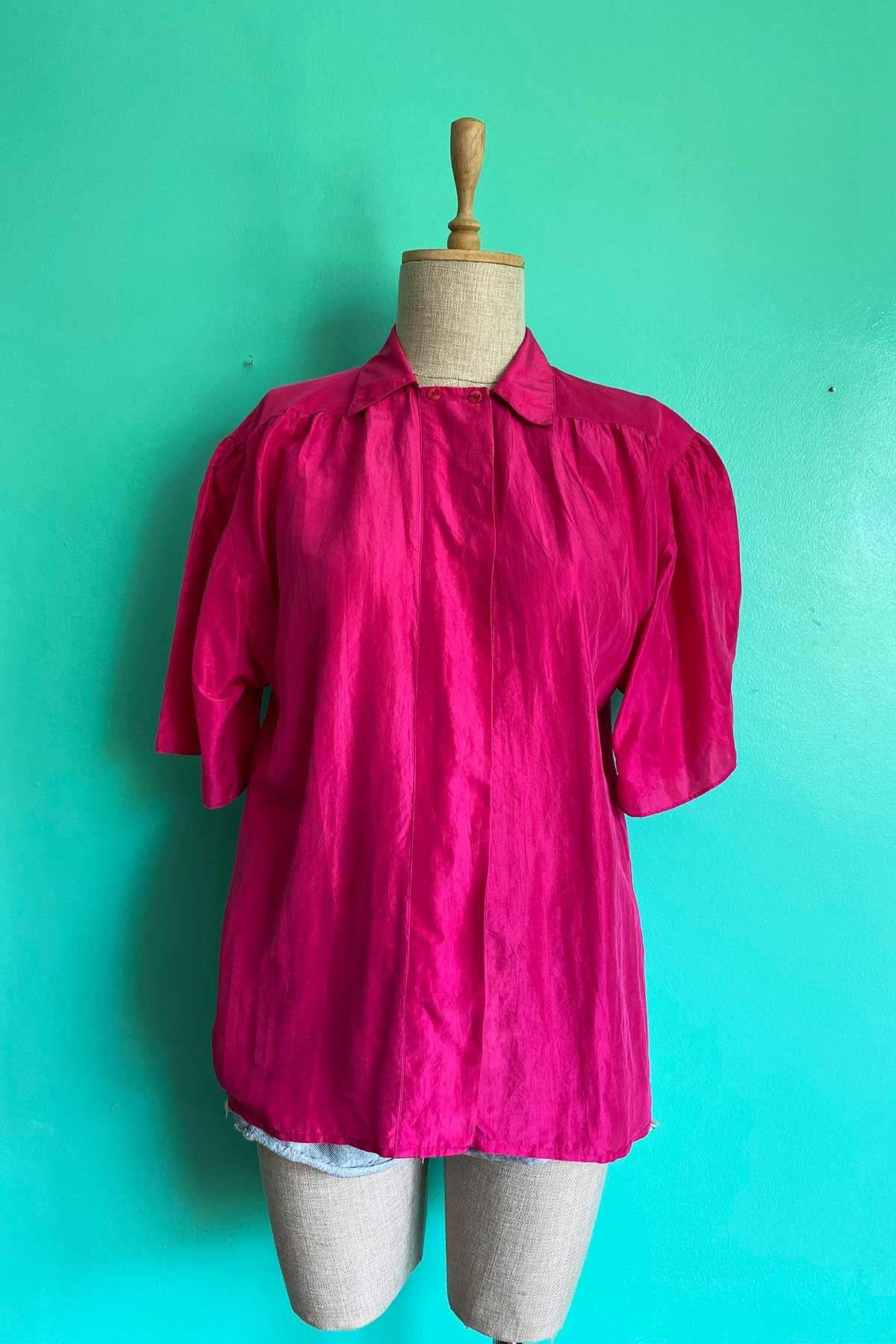 Vintage Saf İpek Parlak Pembe Gömlek