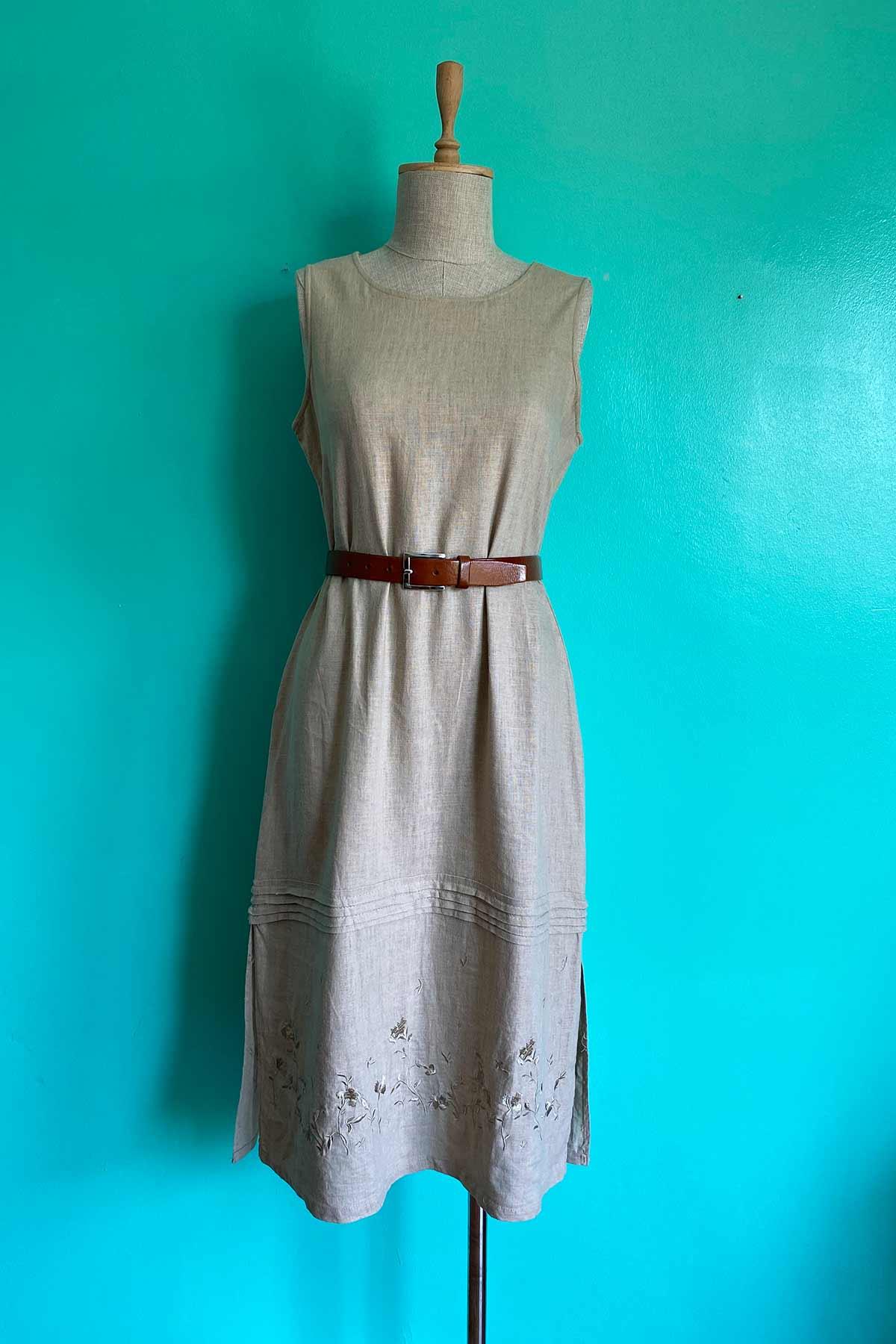 Vintage Sıfır Kol Keten Elbise