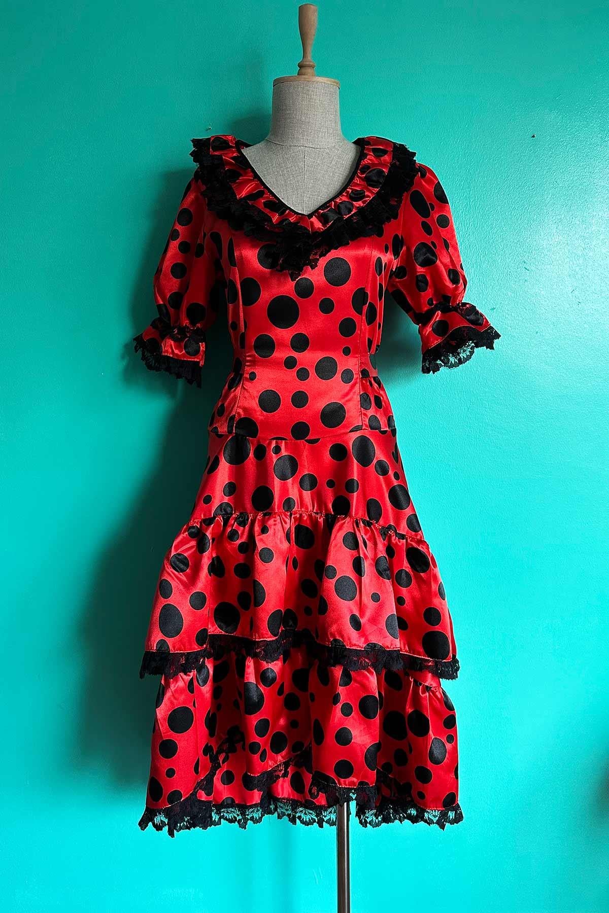 Vintage Siyah Puantiyeli Kırmızı Elbise