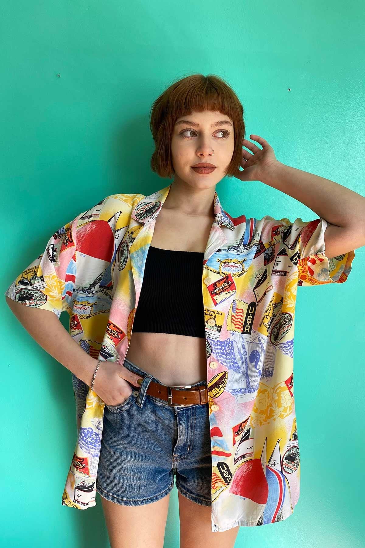 Vintage Sörf Desenli Viskon Gömlek