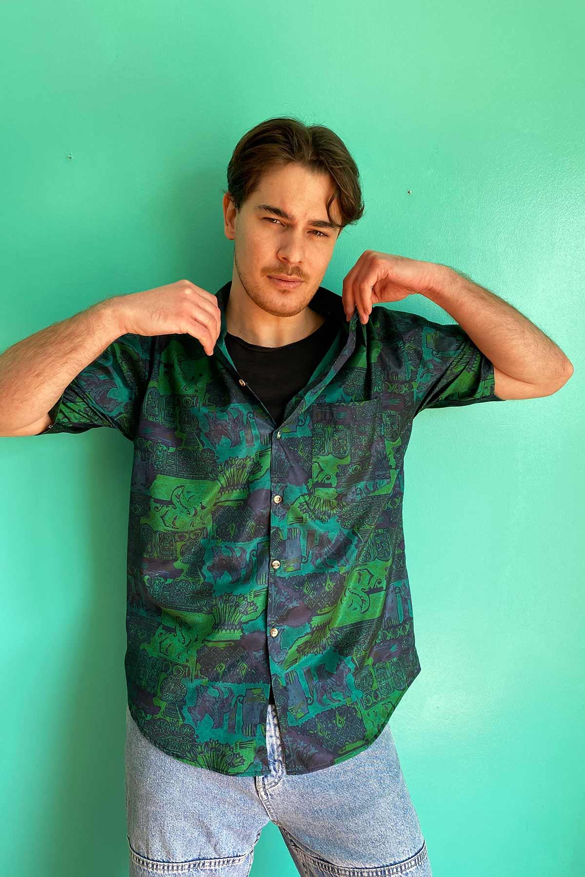 Vintage Taylan İpeği Desenli Yeşil Gömlek