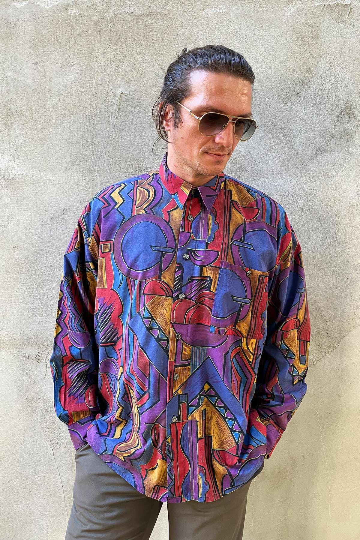 Vintage Uzun Kol Desenli Cotton Gömlek