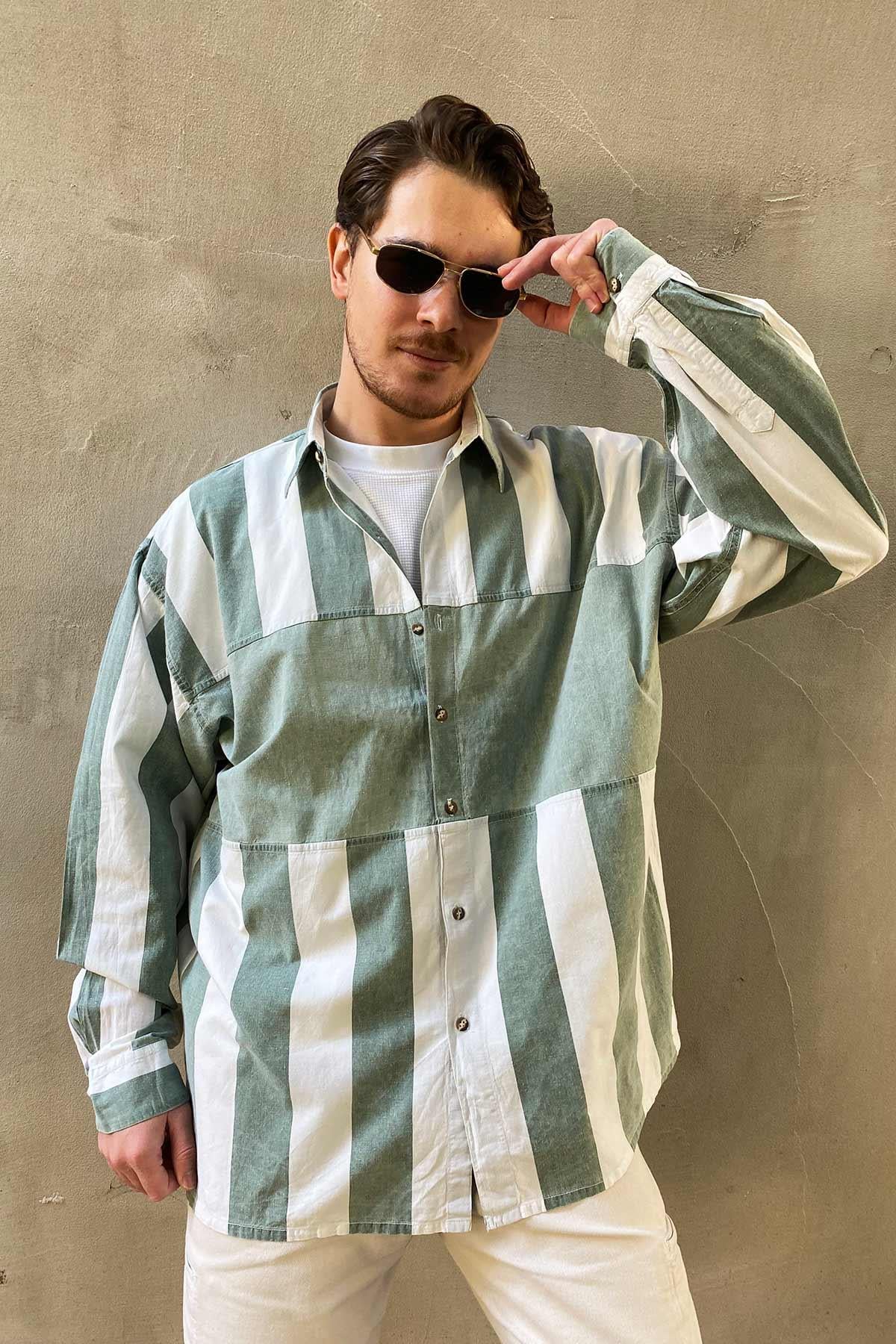 Vintage Yeşil Beyaz Cotton Gömlek