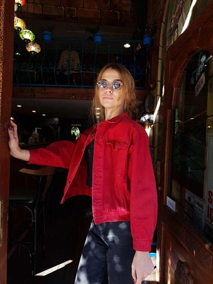 Kırmızı Vintage Kot Ceket