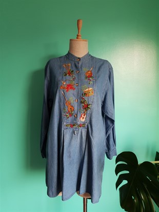 Vintage İşlemeli Jean Gömlek Tunik