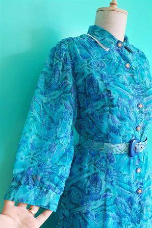 Vintage Kemerli Mavi Elbise