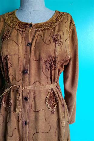 Vintage Kuşaklı Etnik Rayon Elbise