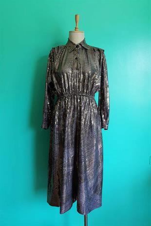 Vintage Parlak Pullu Elbise
