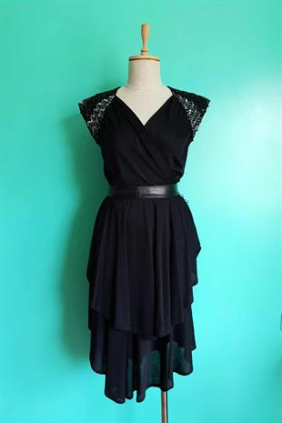 Vintage Pullu Siyah Transparan Elbise