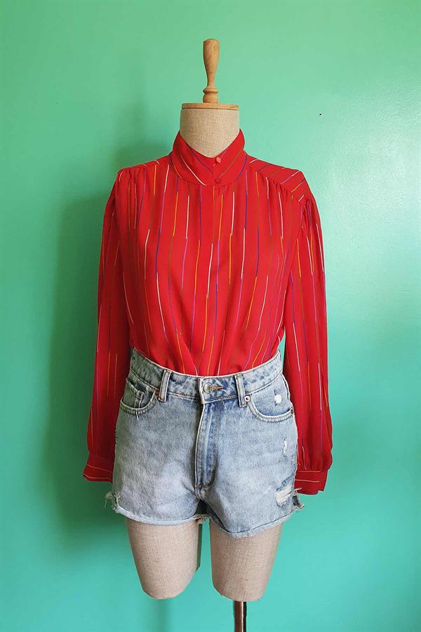 Vintage Çizgili Kırmızı Transparan Gömlek