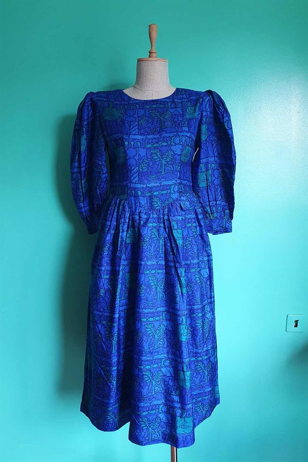 Vintage Desenli Mavi Elbise